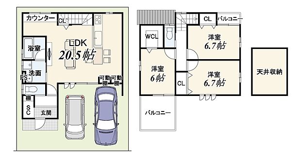 【１３号地：新築参考プラン】■土地2370万円（95.03ｍ2）■建物2139万円（92.75ｍ2）　南西向きで日当たり＆通風良好！リビング２０帖＆全居室６帖以上を確保したゆとりのある間取り！