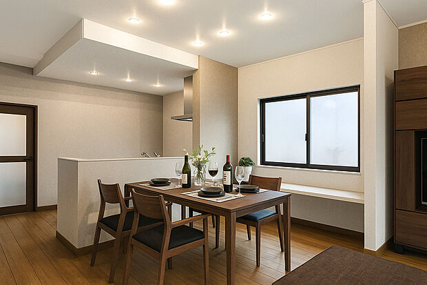 【【平屋プラン・イメージパース】】キッチンから勝手口を使うと、お庭へ移動できます!