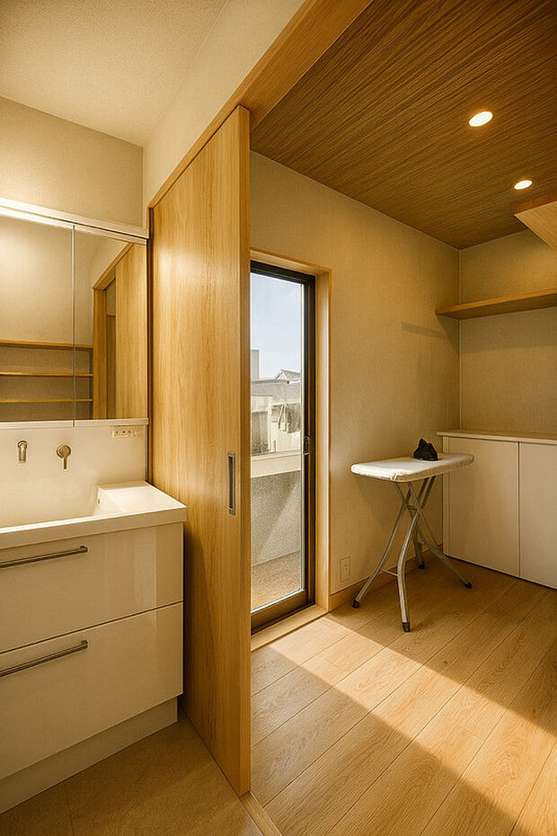 【【洗面】※1号地イメージパース】使い勝手の良い鏡裏収納付3面鏡型の独立洗面化粧台!ご家族そろって身支度可能なゆとりの洗面スペースで、朝の身支度もスムーズに♪