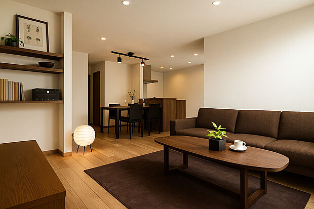 【【リビング】※2号地イメージパース】大型テレビも置ける20帖の広々リビングは、陽当りが良く、部屋いっぱいに明るい陽光が広がります。