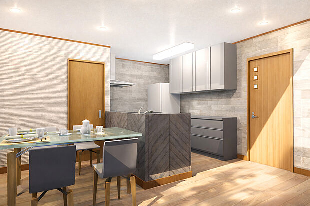 【【ダイニング】※新築参考プランイメージパース】リビングが見渡せるカウンターキッチンです！家事をしながらご家族と一日の出来事を話したり！コミュニケーションが取りやすく、家族の存在を近くに感じます！