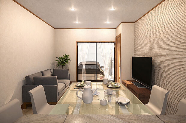 【【ダイニング】※新築参考プランイメージパース】リビング側からもママの顔が見えるのでお子様も安心の配置です！自然と家族が集まるリビングです！