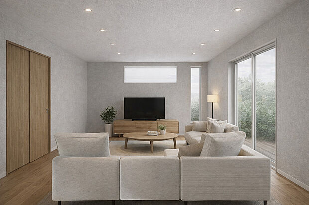 【【リビング：20帖】イメージパース】大型テレビも置ける20帖の広々リビングは、陽当りが良く、部屋いっぱいに明るい陽光が広がります。
明るく居心地の良いリビング空間には、自然と家族が集まります♪