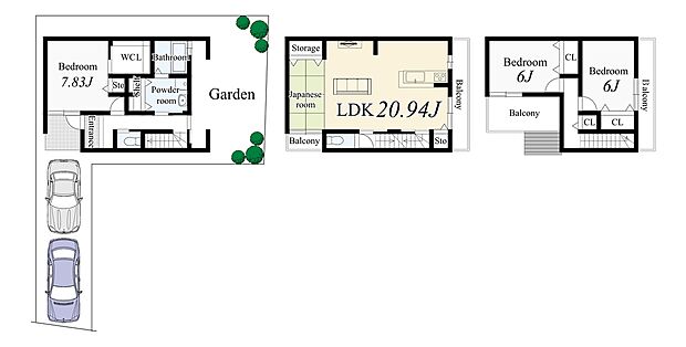 【【3階建:新築参考プラン】】土地1399万円 建物2200万円 設計監理費用120万円(税込)、外構費120万円(税込)別途要