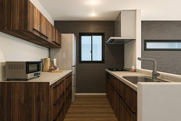 【【パース図:1号地キッチン】】リビングを見渡すことができる対面キッキンは、家事をしていても家族の様子が見えて安心感があります。