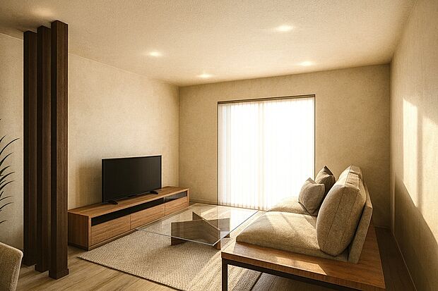 【【パース図:リビング】】大切なご家族が集まるからこそLDKはこだわりたい!休日は光をたっぷりと取りこめるリビングでゆったりと過ごしませんか。リビングイン階段を採用!(※実際の色味や材質とは異なる場合がございます)