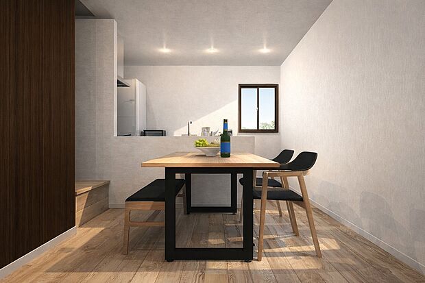 【【内観パース：ダイニング】】ご家族みんなで長い時間を過ごすリビングは一番居心地のいいものであって欲しいですね。開放感のある広々リビングに光と風を呼び込みます。収納も多く快適な住空間を実現します。
