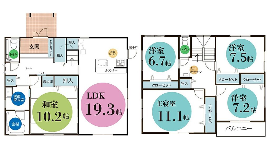 5LDKが標準サイズです。
1階のLDKと和室はスライド式のドアで仕切られているので続き間で使うこともできます。その場合、30帖近い広さでお部屋を使用できます。