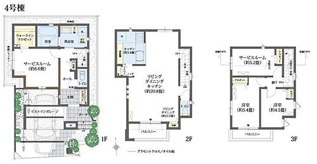 【2LDK+2S】ポーチ+ビルトインガレージ+スカイバルコニー+SIC+WIC
※建物面積には車庫部分12.42m2が含まれます。