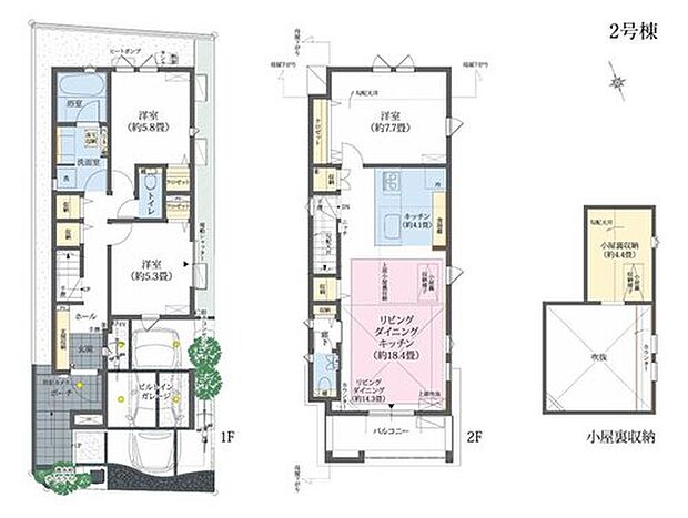 【3LDK】＋小屋裏収納
※建物面積にビルトインガレージ面積14.08m2含む。
