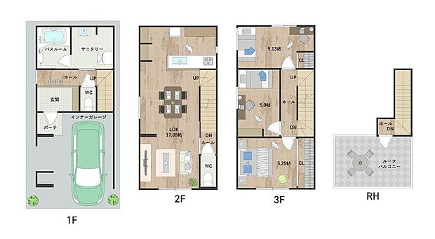 【1号地・間取り図】
17帖超のLDKには仕切り壁を設け、ダイニングとリビングをゾーニングしやすい空間に。3階各洋室は振り分けタイプで、多用途に活用できます。暮らしの楽しみが広がるルーフバルコニー付き