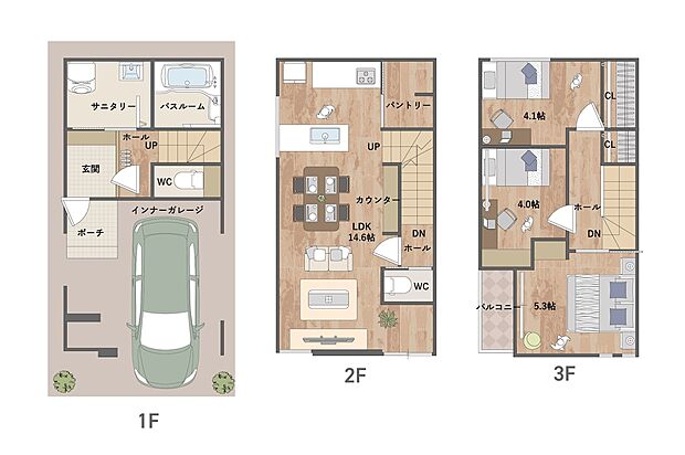 【間取図】
リビングはプライバシーを保ちやすい2階に配置。カウンターやパントリーを設置しています。3階には3部屋の個室があり、プライベートタイムを満喫できる設計です。