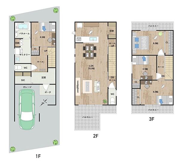 【1号地・参考プラン図】
採光・プライバシーを考慮した2階LDK設計◎ご家族とのコミュニケーションが取りやすい対面式キッチンを採用しています。《建物面積107.32m2、建物価格1833万円》