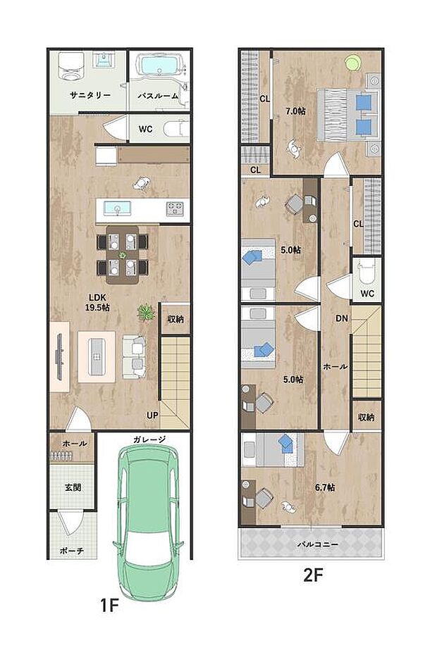 【1号地・参考プラン図】
LDKは広々約19.5帖。対面式キッチン&リビング階段仕様で、ご家族のコミュニケーションが取りやすいプランです。《建物面積101.44m2、建物価格 1733万円》