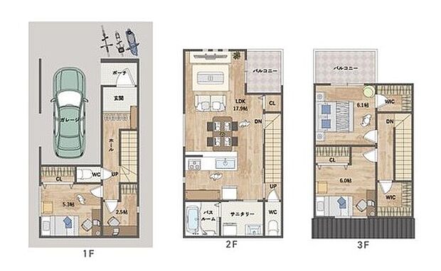 【間取り図】
約17.9帖の2階LDKには水回りを集約しており、家事・生活動線が良好です。3階洋室2部屋は6帖以上とゆとりある広さ。WICが2ヶ所を含め全居室収納付きの、収納豊富な住まいです◎