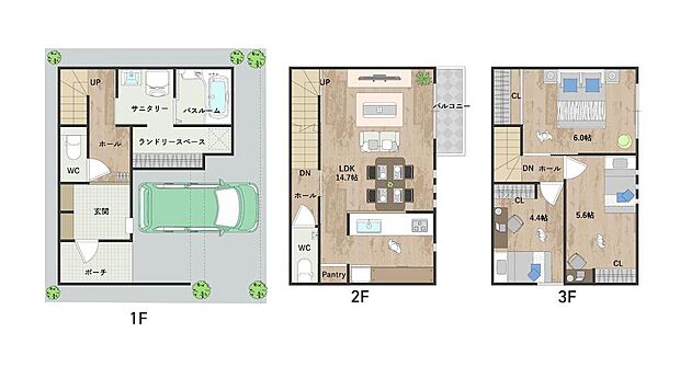 【間取り図】
2階にLDK、3階に洋室をまとめた家族間のプライバシーを守りやすい間取り。ランドリースペースは、洗濯に関する作業を1ヵ所で効率よく進めることが可能。駐車スペース1台分有(車種による)。