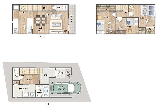 【間取り図】
採光やプライバシーに配慮した2階リビング仕様。3階に配置した洋室3部屋は振り分けタイプで、プライバシーも確保。お車1台分のインナーガレージ付きです(車種による)。
