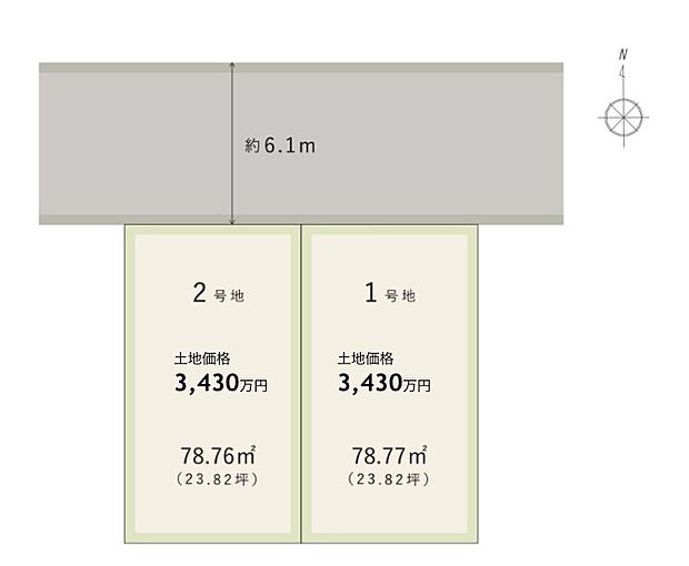 【全体区画図】
複数沿線利用可能な「放出」駅まで徒歩11分の立地に、全2区画の自由設計対応分譲地が誕生。北側前面道路は幅員約6.1m。道路とは反対の南側にリビングなどの寛ぎスペースを配置可能です。