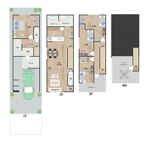 【1号地・参考プラン図】20帖超の2階LDKに水回りを集約し、家事動線に配慮。洋室4部屋は約4.8帖~約7.0帖とゆとりある広さ。多用途に活用できます。《建物面積99.41m2、建物価格1786万円》
