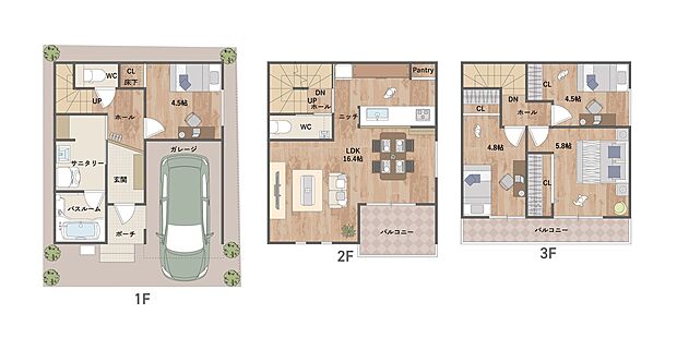 【2号地・間取図】
2階・3階にバルコニーを設けた開放感のある住まい。玄関横にサニタリーを設けており、家事動線良好な間取り設計です。LDKは約16.4帖。室内各所に豊富な収納スペース有。