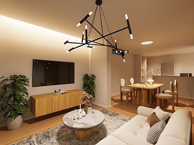 【【完成予想図/LDK】】採光やプライバシーを考慮した2階リビング設計。外からの視線が気になりにくく、ゆっくり寛げます。キッチンはリビング全体を見渡せる対面式で、ご家族との会話が弾みます。