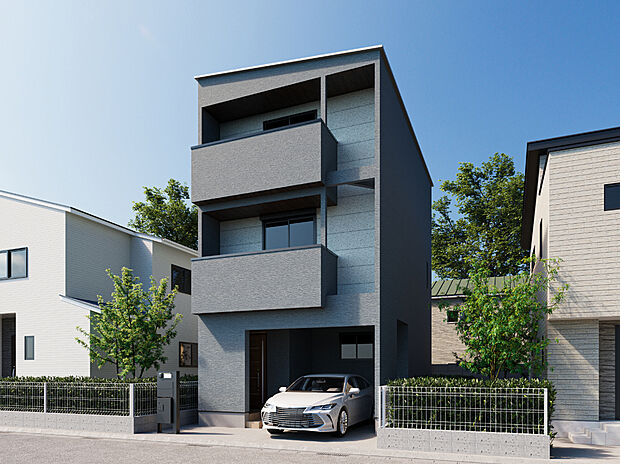 【【外観イメージパース】】開放的な外部吹抜を採用したバルコニーが特徴の3階建プラン!ガレージ奥に玄関を設けることで、雨の日もスムーズな出入りが叶います。