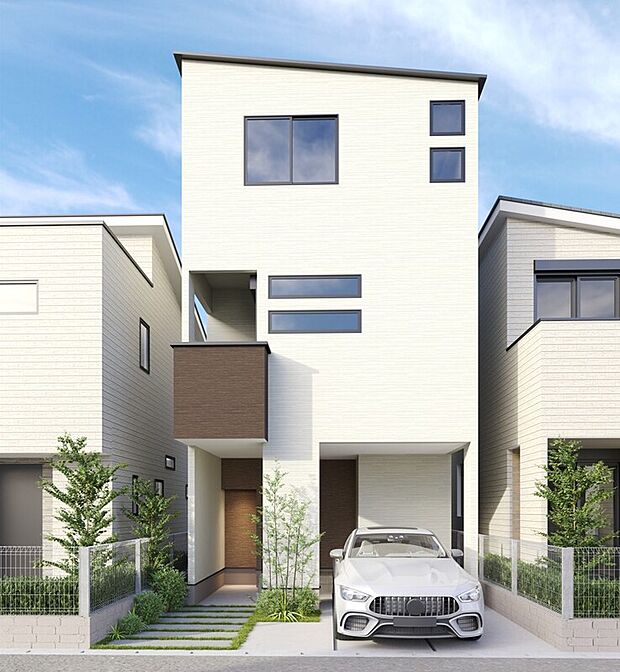 【【外観イメージパース】】道路から距離を取り、ゆったりとした印象に◎青空に映える白い外壁と、アプローチに施した植栽の緑が爽やかな佇まいの一邸です。