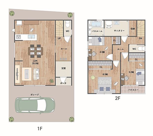 2階建3LDKプラン。1階に約20帖の広々としたLDKを配置。2階に振り分けタイプの洋室3部屋と、サニタリー・バスルームを設けました。《建物面積92.34m2、建物価格1600万円》