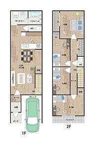 LDKは広々約19.5帖。対面式キッチン&amp;リビング階段仕様で、ご家族のコミュニケーションが取りやすいプランです。キッチンと洗面室が近く、家事動線も良好です。《建物面積101.44m2、建物価格 1822万円》 