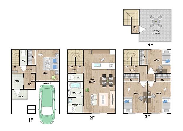 2階に水回りを集約した家事動線良好な間取り。暮らしの楽しみが広がる、広々ルーフバルコニー付きの住まいです。《建物面積103.68m2、建物価格1862万円》