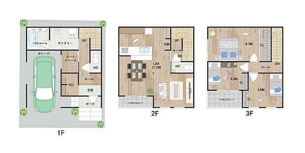 【3LDK＋2S(SCL+FCL)】LDKは約17.2帖。2階リビングにつき、外からの視線が気になりにくく、ゆっくり寛げます。1階にワークスペースあり。2階と3階に南向きバルコニーを設けた明るい住まいです。