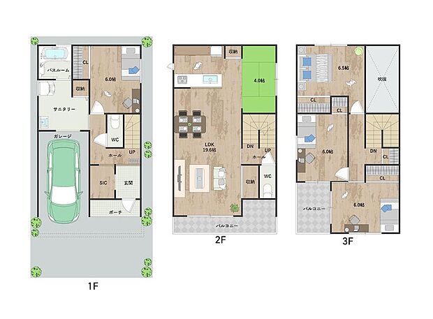 LDKはタタミコーナーを合わせると23帖超。タタミコーナーの上部は吹抜け仕様で開放感あり。全洋室6帖以上の広さを確保したゆとりあるプランです。《建物面積123.12m2、建物価格2212万円》