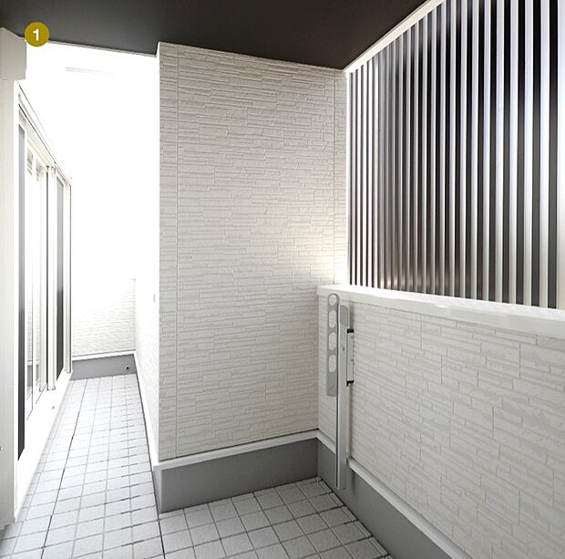 【【本分譲地に建築可能な建物プラン例】】バルコニースペースの和室側にルーバーを設けました。プライベート空間を守りつつ、程よく陽射しを遮ります。《分譲地外:建物面積91.12m2、建物価格1674万円》