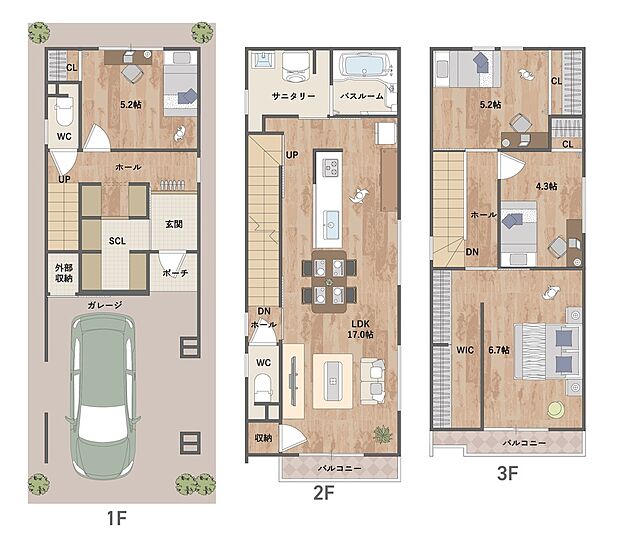 【4LDK】道路からの人目を気にせず過ごせる2階LDK設計。キッチンをぐるりと周遊できる家事・生活動線に考慮された間取りです。WICやSICなど、室内各所に豊富な収納スペースが備わっています。