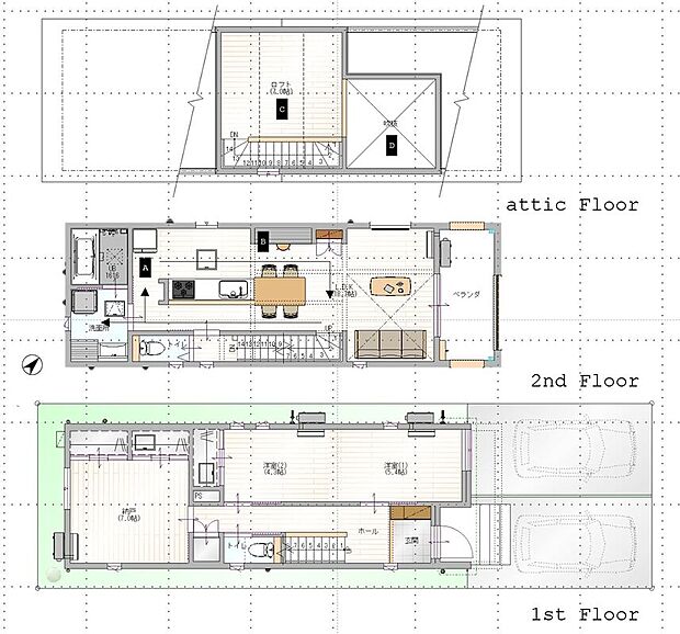 A号棟間取り
駐車スペース２台分
二階リビングの開放的な暮らし