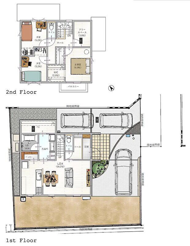 【3LDK+S】3台駐車可能！。注文住宅で人気の「ファミリークローク」を1階に完備。家族みんなの衣類をまとめて収納でき、1階と2階への行ききを最小限に出来ます。