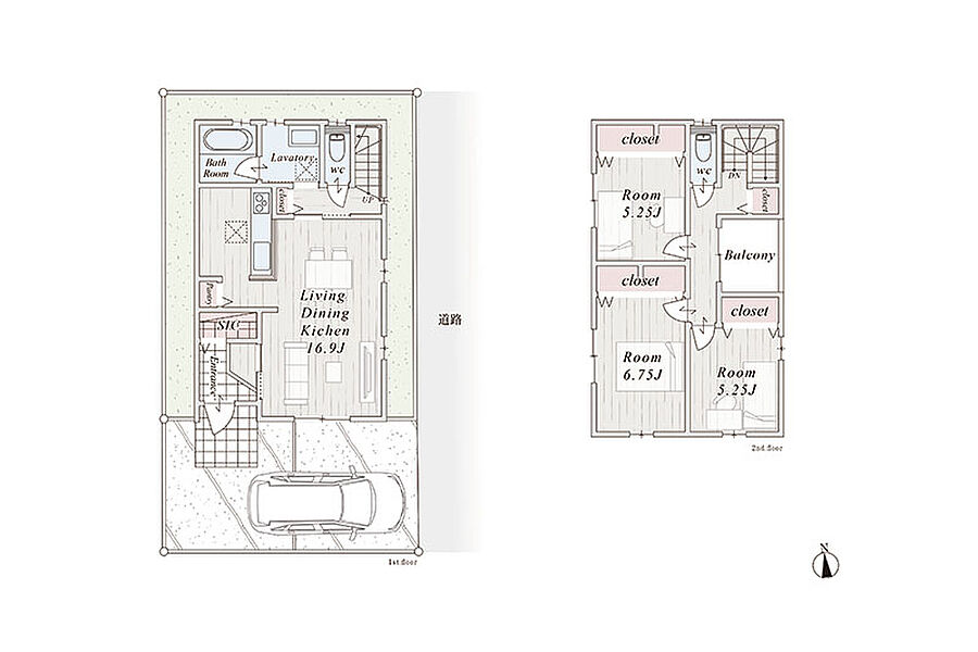 間取図(インナーバルコニー4.14m2含む)
豊富な収納ですっきりとした住まいづくり
全居室収納付き・大容量のシューズクローク・各階に廊下収納・キッチン横に可動棚付きのパントリーがついています。