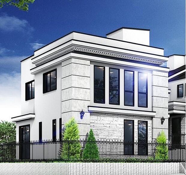 【外観】【プラン例　建物価格2180万円　建物面積面積98m2】Vanilla（バニラ）外壁のさりげないストーンアクセントとモールディングがエレガントなファサードを演出します。