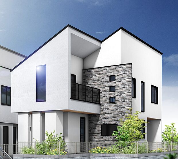 【外観】【プラン例　建物価格2180万円　建物面積面積98m2】Fredge（フレッジ）アクセントの石の印影が映し出す、豊かな個性。拘りぬいたデザインがファサードに重厚感漂う風格をもたらします。