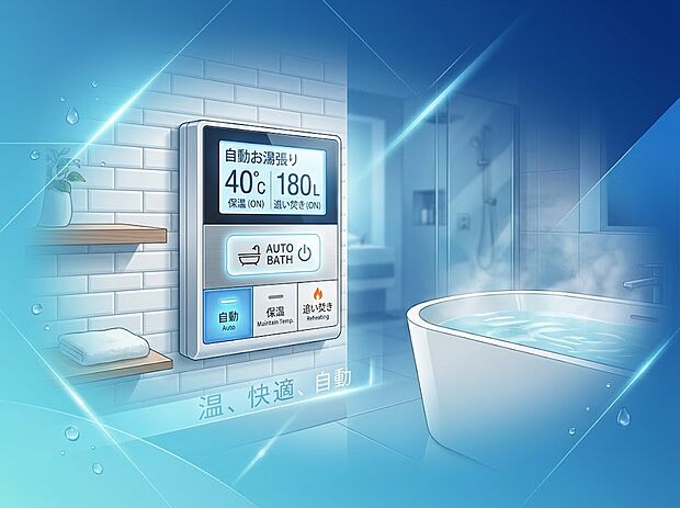 【オートバス】スイッチひとつで設定した温度・水量のお湯張りを自動で行う機能です。保温や追い焚きもでき、いつでも温かいお風呂を楽しめます。