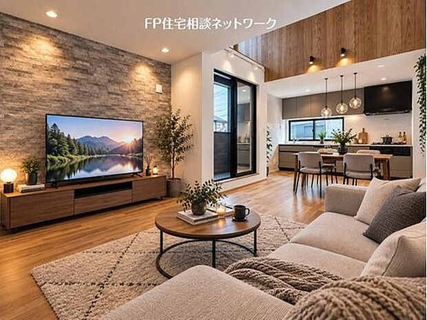 【リビング】本画像の家具等はCGイメージで販売価格にも含まれず、付帯しません。間接照明は有償です。