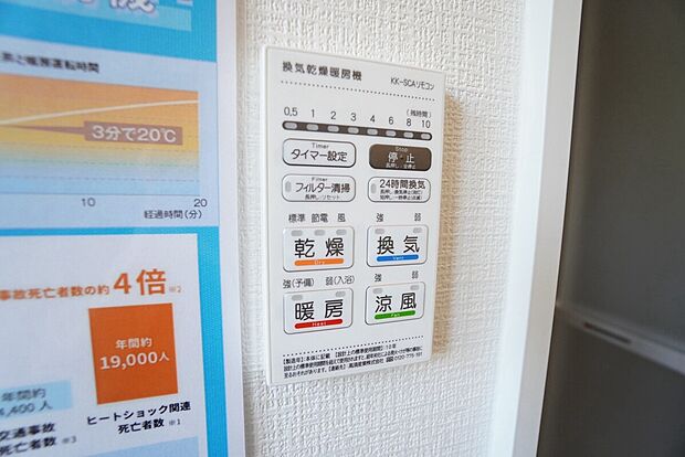 【冷暖房・空調設備】2号棟。浴室暖房乾燥機には、暖房、乾燥、涼風、換気の４つの機能が付いています。タイマー付きです。換気・雨の日の洗濯も安心です＾＾