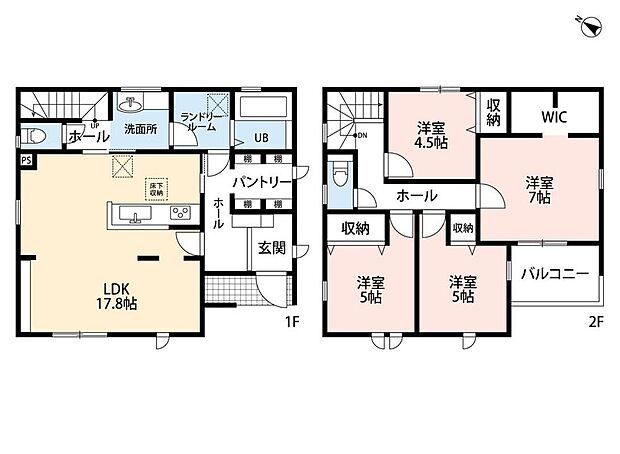 3098万円、4LDK、土地面積162.63m2、建物面積107.73m2 4LDKとウォークインクローゼットでゆとりのある暮らしが実現。リビングは17.8帖以上の開放感あふれる空間です。2階は洋室が