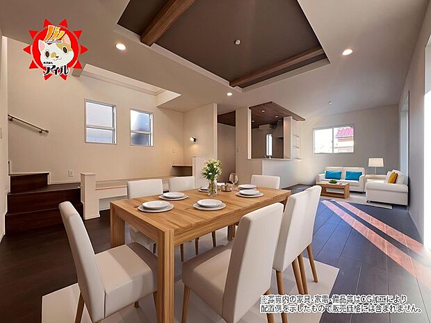 21.25帖のリビングルーム 折上天井を採用した開放感のある内装に(2号棟)