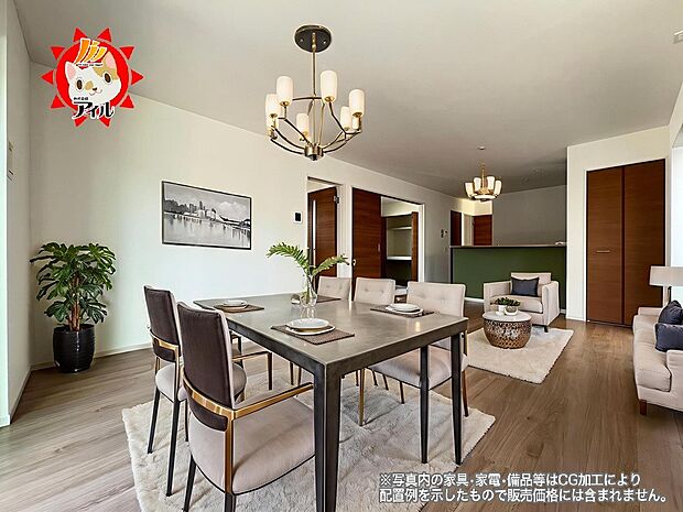 17.7帖のリビング　隣接する和室を開放すれば22.7帖の大空間が生まれます（1号棟）