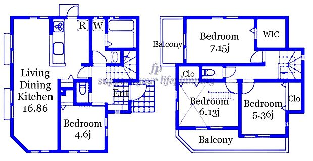 （1号棟）1階は16.86帖のLDKと4.6帖の洋室。2階は7.15帖の主寝室にWICがついています。更に5.36帖の洋室とロフト付きの6.13帖の洋室となっています。全居室に収納スペースを設置♪