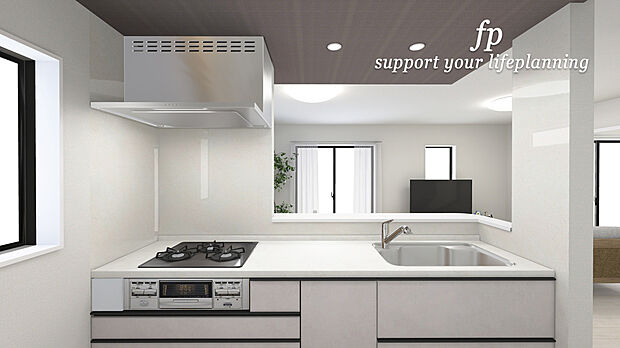 【 完成予想図~会話が弾むキッチン】リビングで遊ぶお子様を見守りながらお料理が出来る対面式カウンターキッチンは、料理をしながらご家族との会話を楽しめます。大切なご家族をいつも身近に感じられ、毎日のお料理も楽しくなりますね。