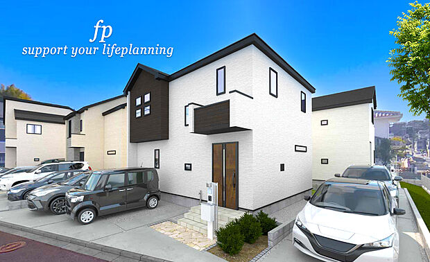 【完成予想図~白を基調にしたモダンな外観】長く愛着を持って住むからこそシンプルな色目に仕上げました。アクセントカラーで外壁を分けることで立体感が生まれ、どの角度からでも異なる表情を感じることが出来ます。