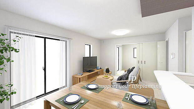 【 完成予想図~明るいリビング】掃き出しの窓からは太陽のやわらかな光はもちろん、年中爽やかな風が吹き抜けます。自然の恵みが、快適で心地の良い空間を演出してくれますね。