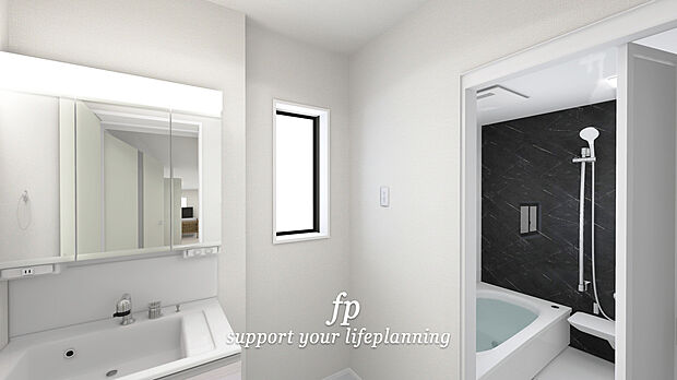 【 完成予想図~洗面室・洗面台】鏡の裏に収納棚を確保した三面鏡を採用。化粧品や歯ブラシなどを機能的に収納。また、三面鏡の本当の利点は三枚の鏡を合わせることで、頭の側面や背面が見れること。